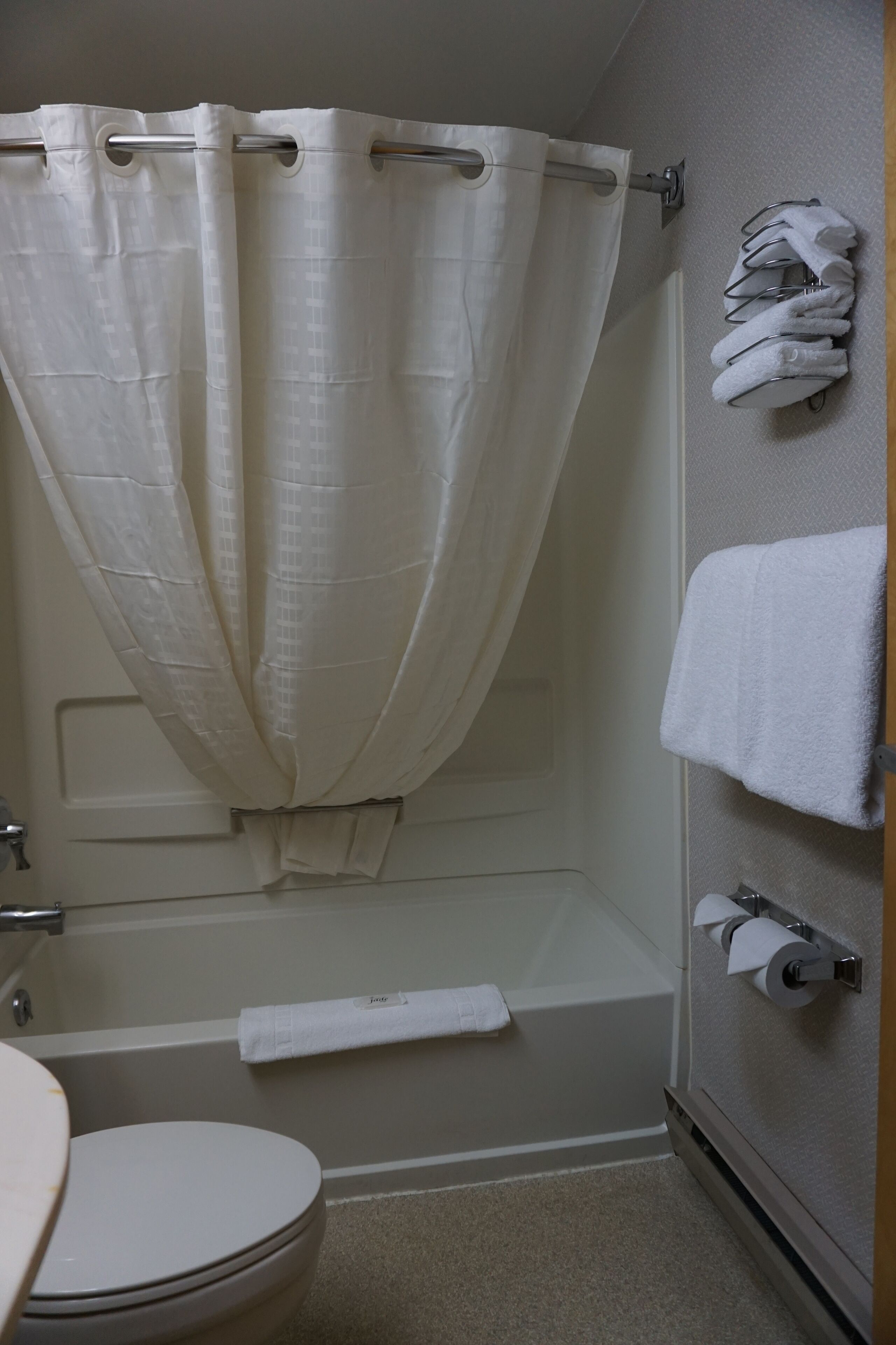 A bathroom with a shower curtain, a bathtub, a toilet, and towels on the wall.