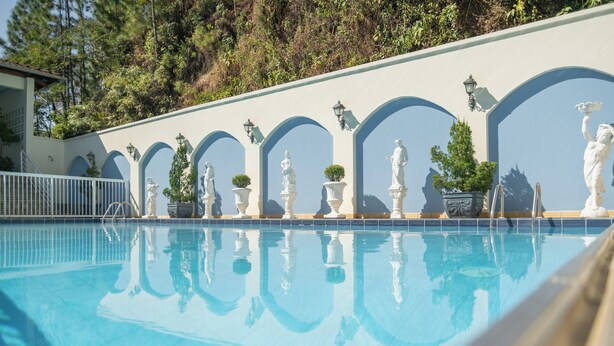 A swimming pool with statues and potted plants along the edge. - Hotel Himmelblau (Blumenau)