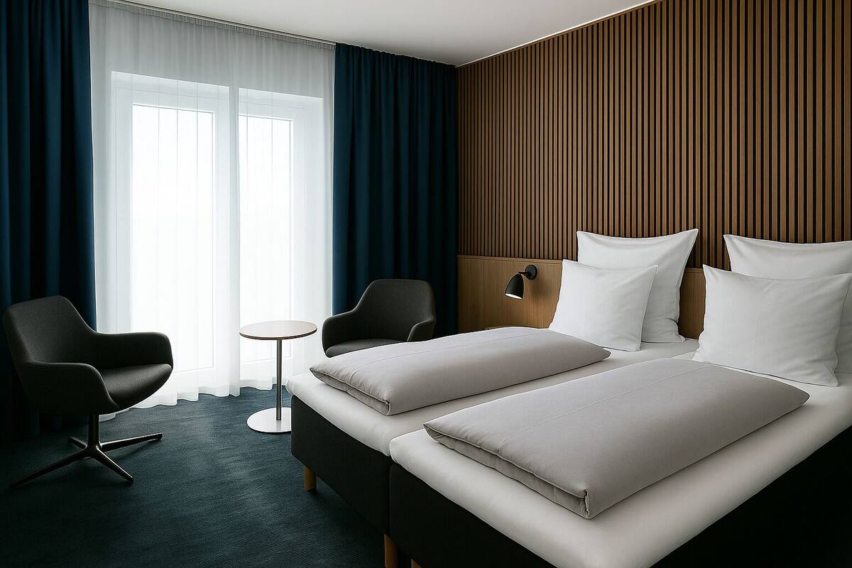 A hotel room with a bed, two armchairs, a small table, and a window with curtains.