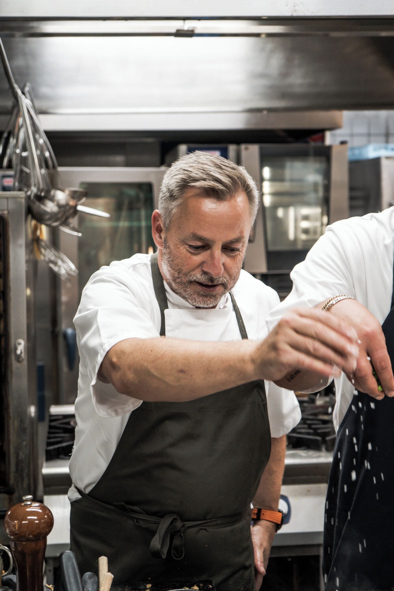 A chef in a professional kitchen with stainless steel appliances and a focus on food preparation.