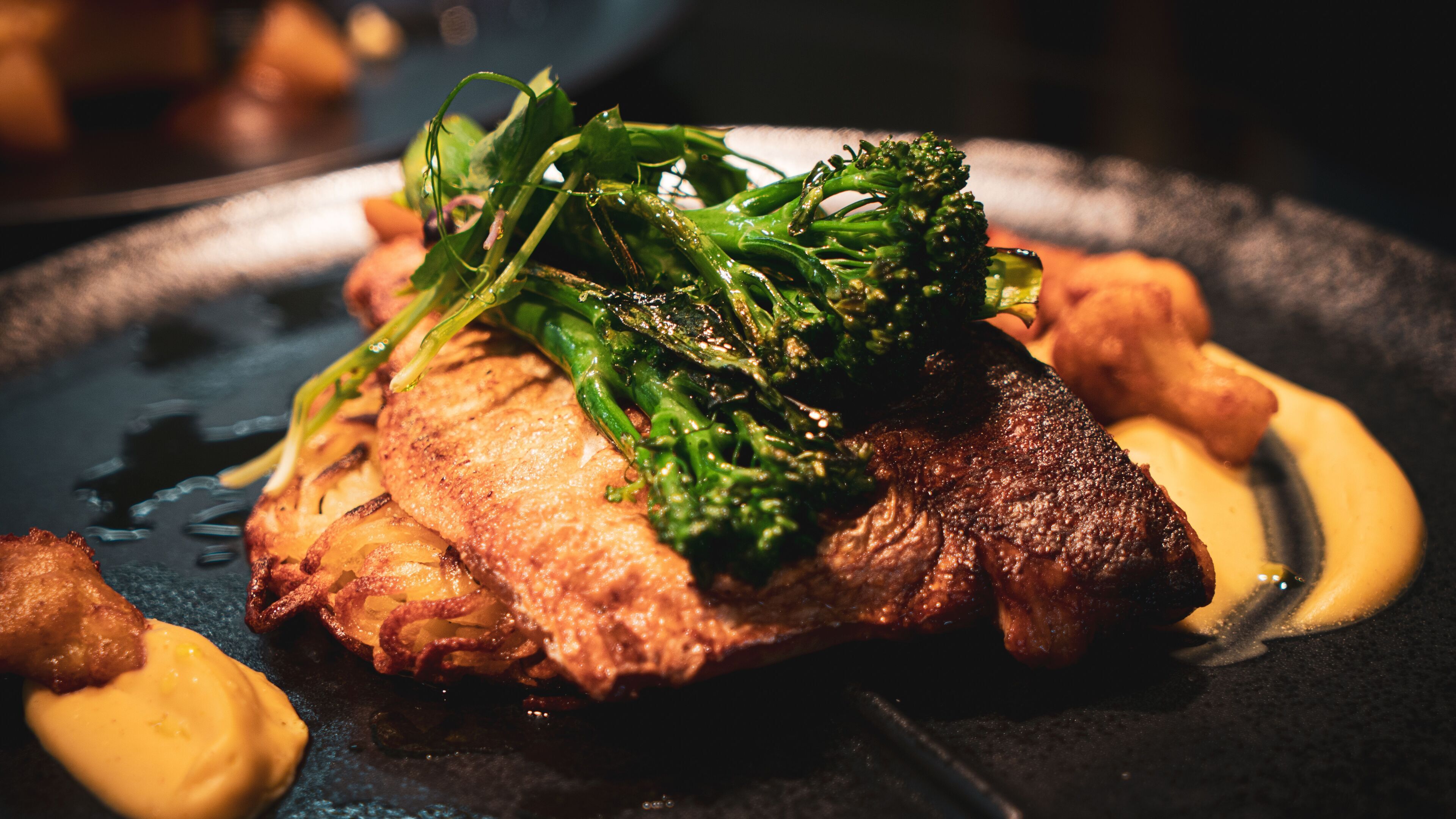 A plate with a steak, broccoli, and a creamy sauce.