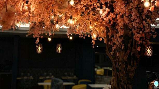 A restaurant with a ceiling adorned with pink flowers and hanging light bulbs. Tables and chairs are arranged in the background. - Rutland Hall Hotel & Spa (Oakham)
