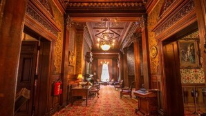 Un amplio pasillo con detalles de madera ornamentados, un candelabro y una alfombra estampada.