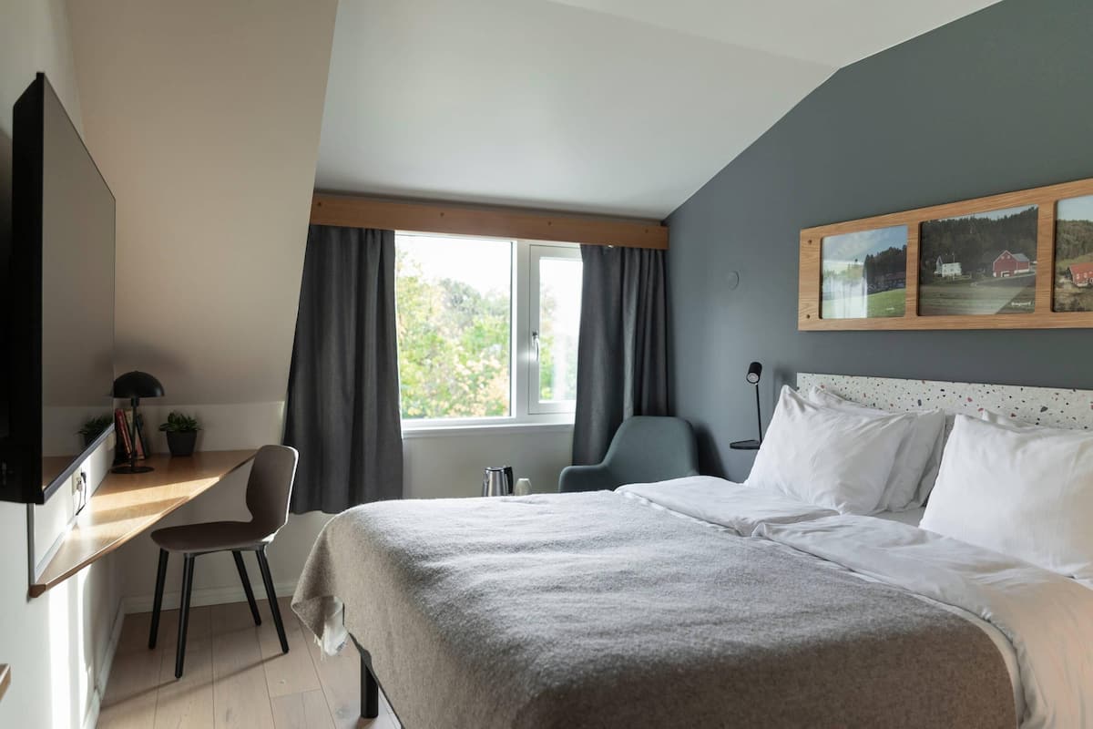 A hotel room with a bed, a desk, a chair, a TV, and a window with curtains.