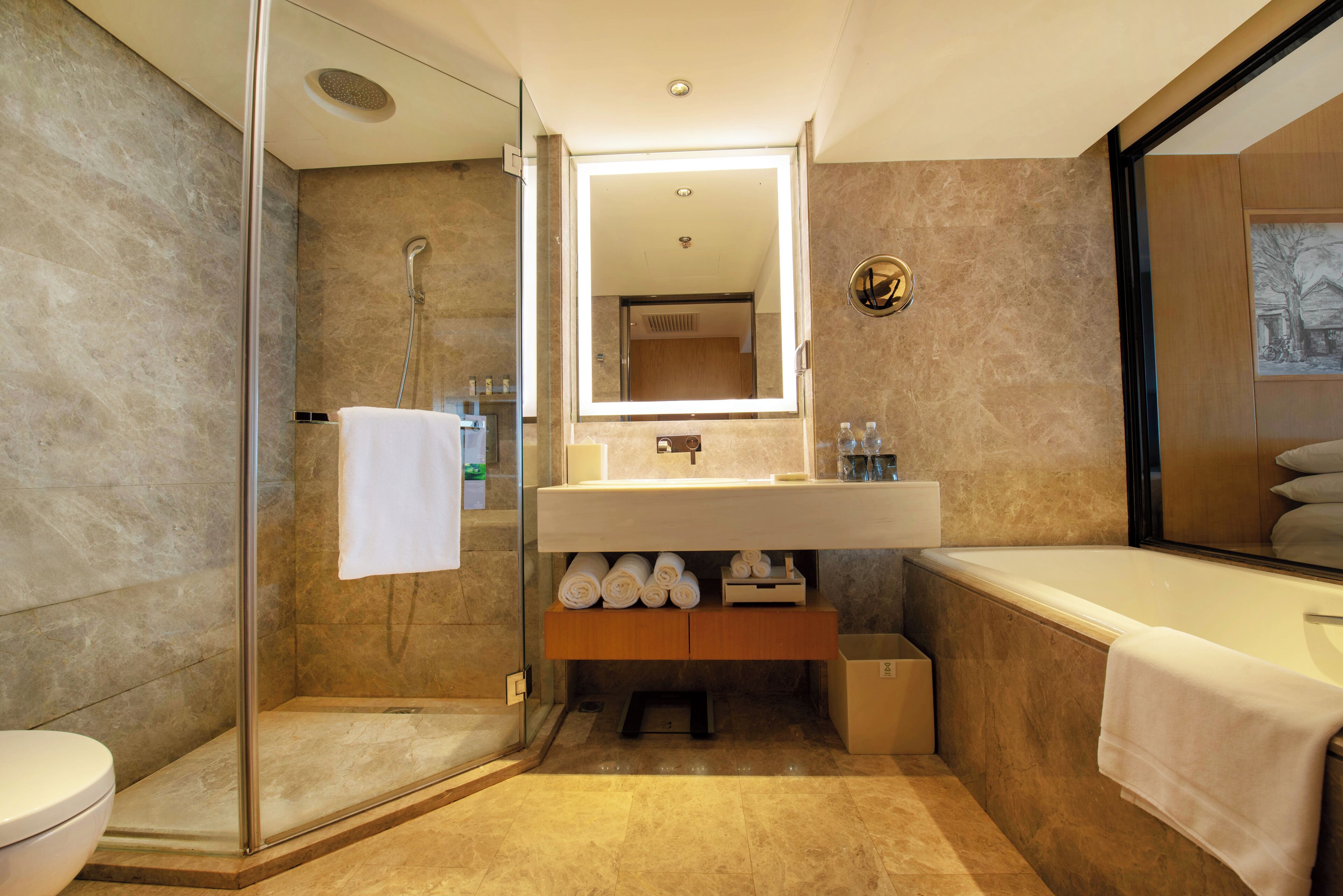 A modern bathroom with a glass-enclosed shower, a large mirror, and a bathtub.