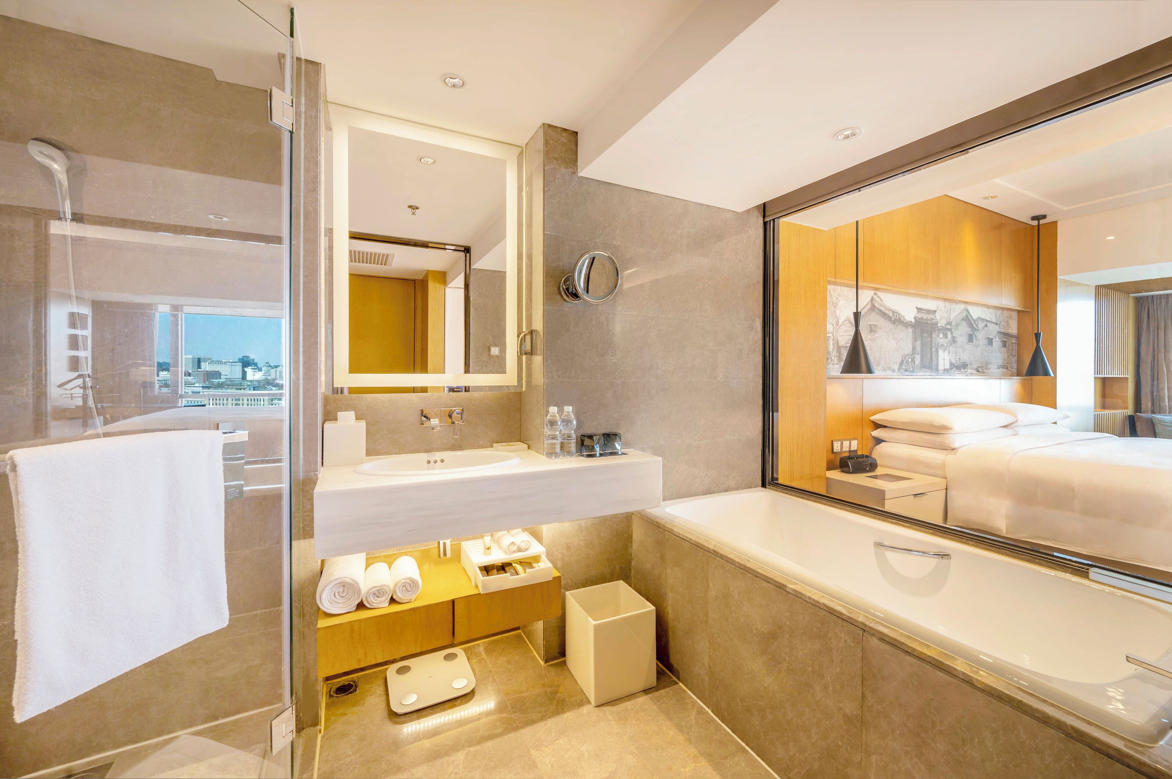 combined shower/bathtub, free toiletries, hair dryer, bathrobes