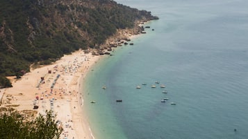 Una playa con barcos, una orilla arenosa y un promontorio cubierto de bosque.