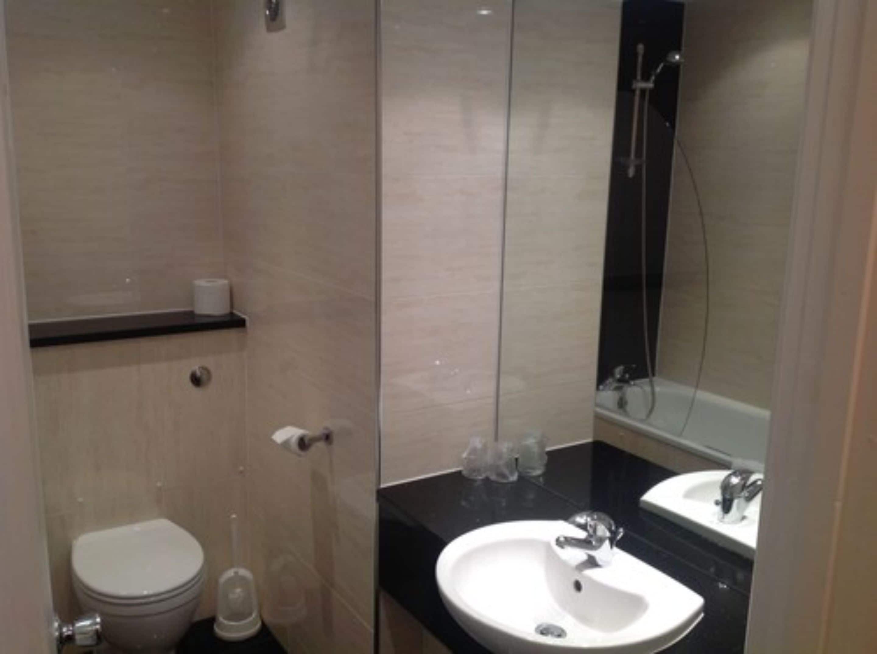 Un baño con inodoro, lavamanos y ducha.