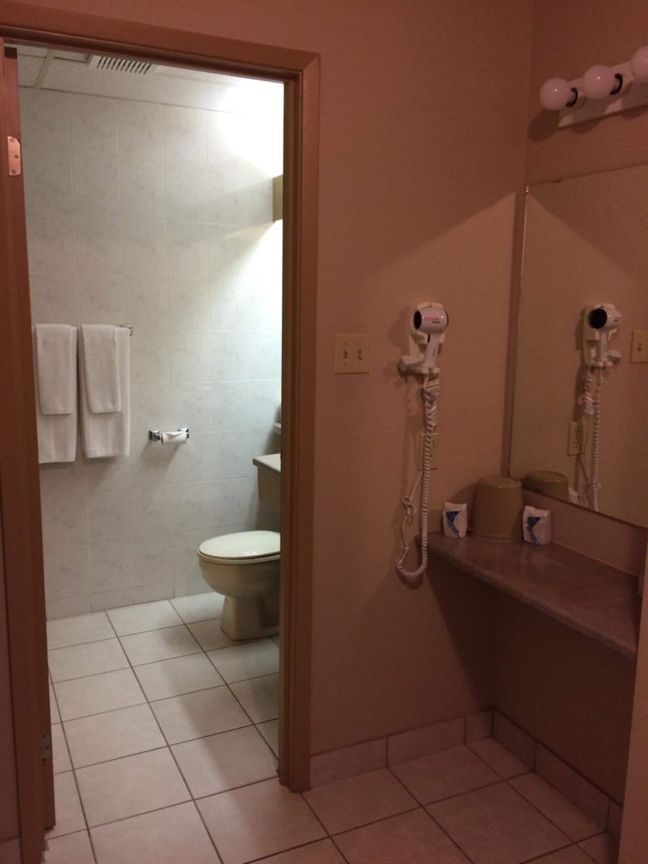 combined shower/bathtub, free toiletries, hair dryer, towels