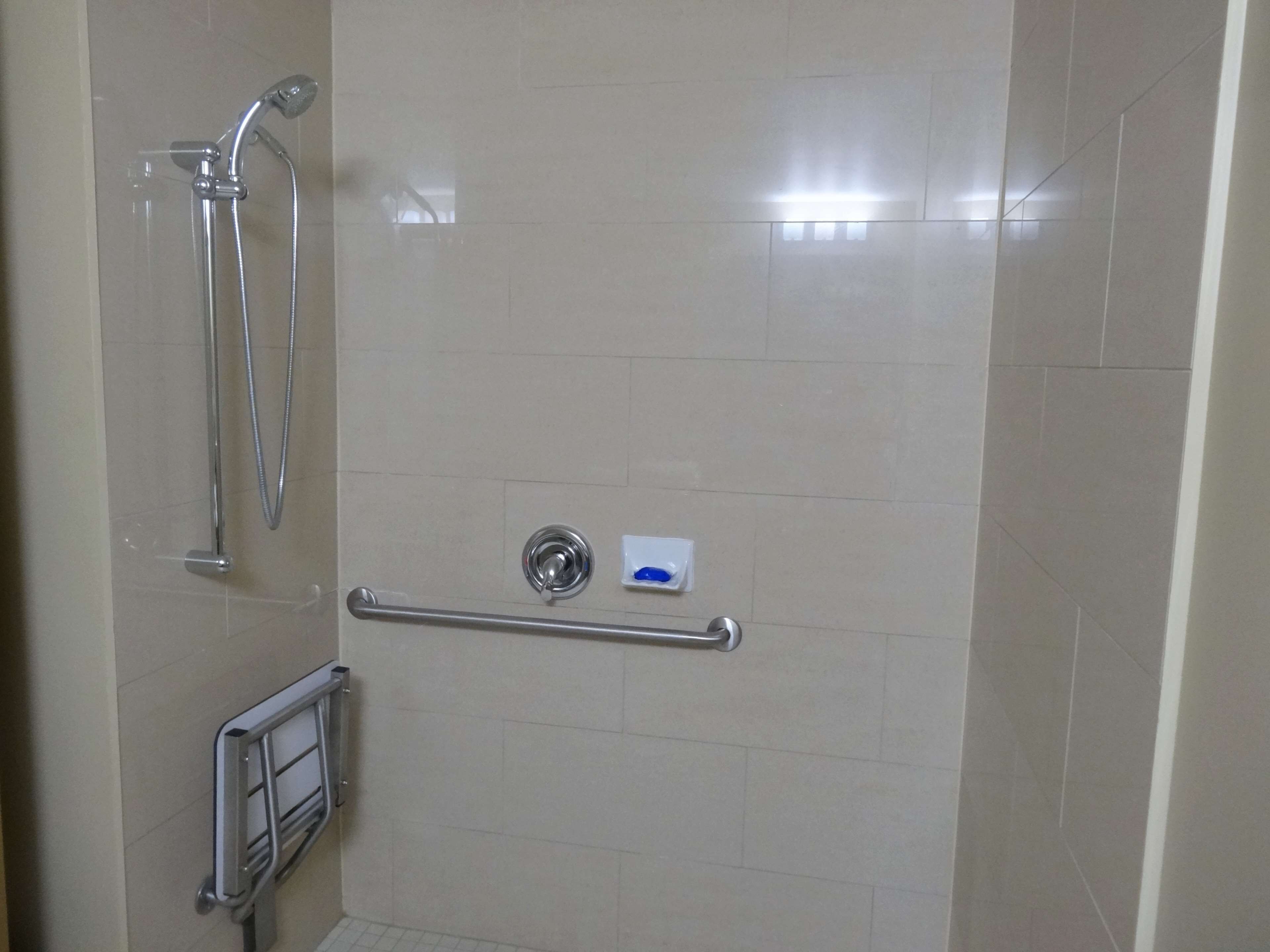 Zona de ducha con barra de apoyo, cabezal de ducha manual y dispensador de jabón.