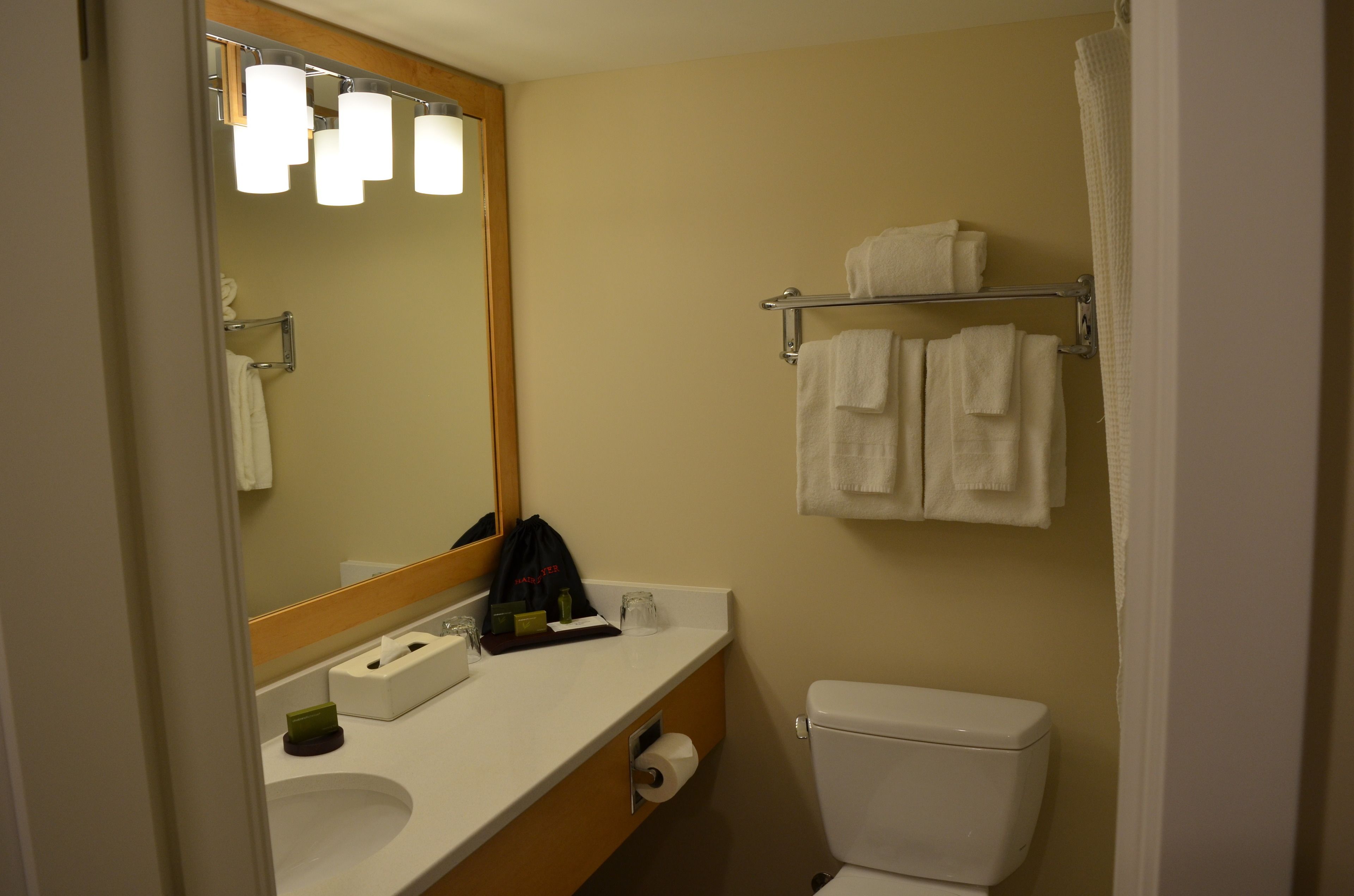 A bathroom with a toilet, a sink, a mirror, and a towel rack.