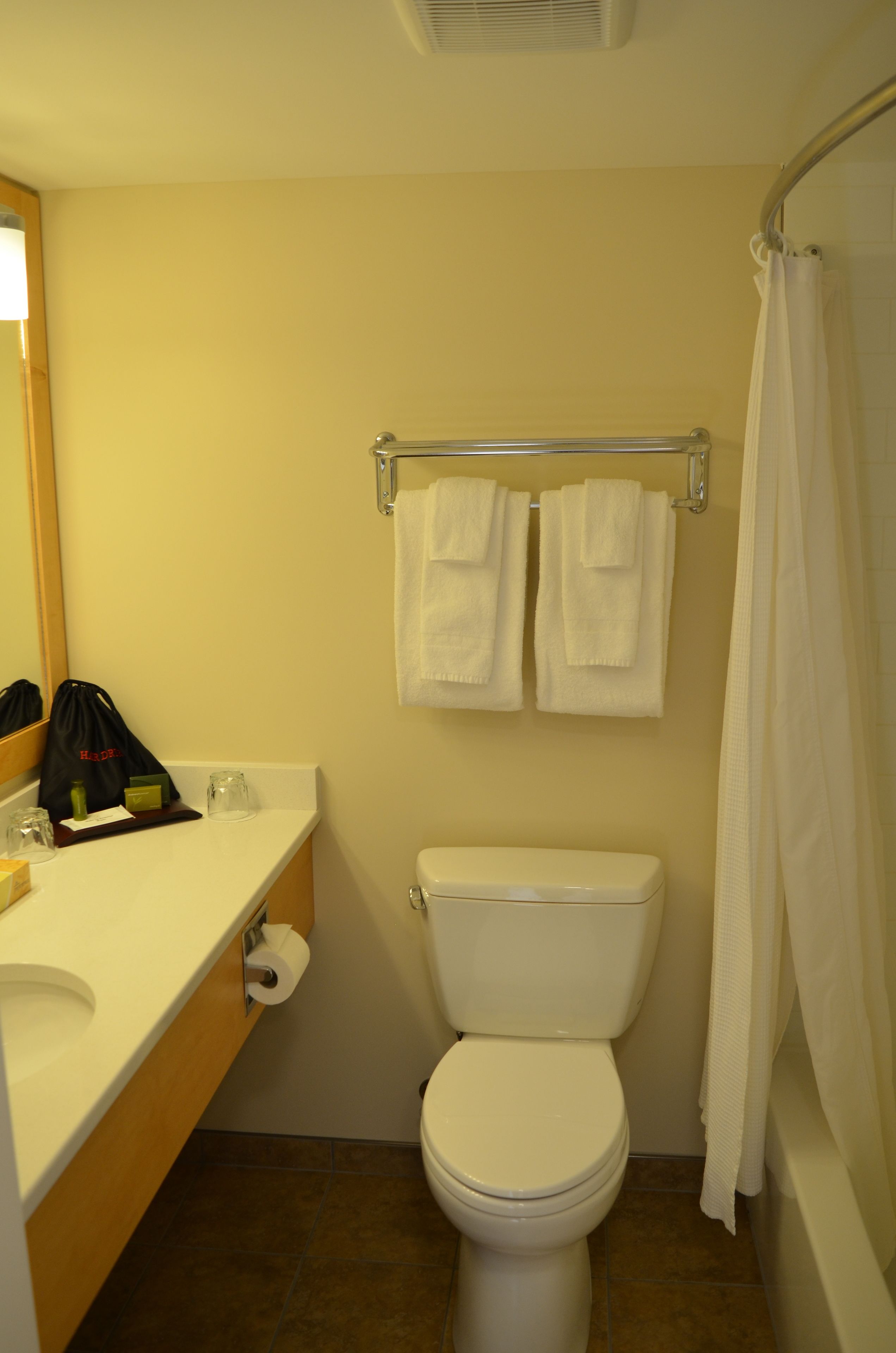 A bathroom with a toilet, a sink, a towel rack with two towels, a shower curtain, and a mirror.