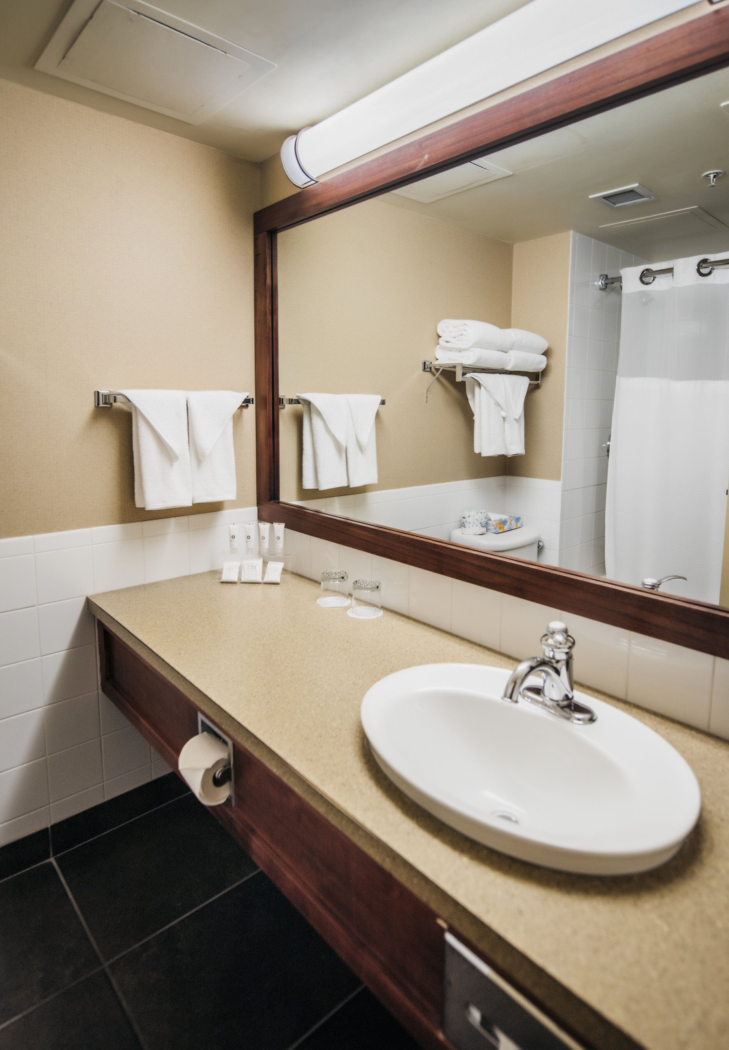 combined shower/bathtub, free toiletries, hair dryer, slippers