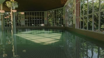 Uma grande piscina interior com paredes de vidro transparente, chão revestido com azulejos e plantas penduradas.