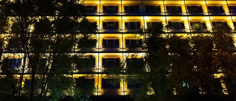 A multi-story hotel with illuminated windows and a sign reading "ANI PLAZA HOTEL".