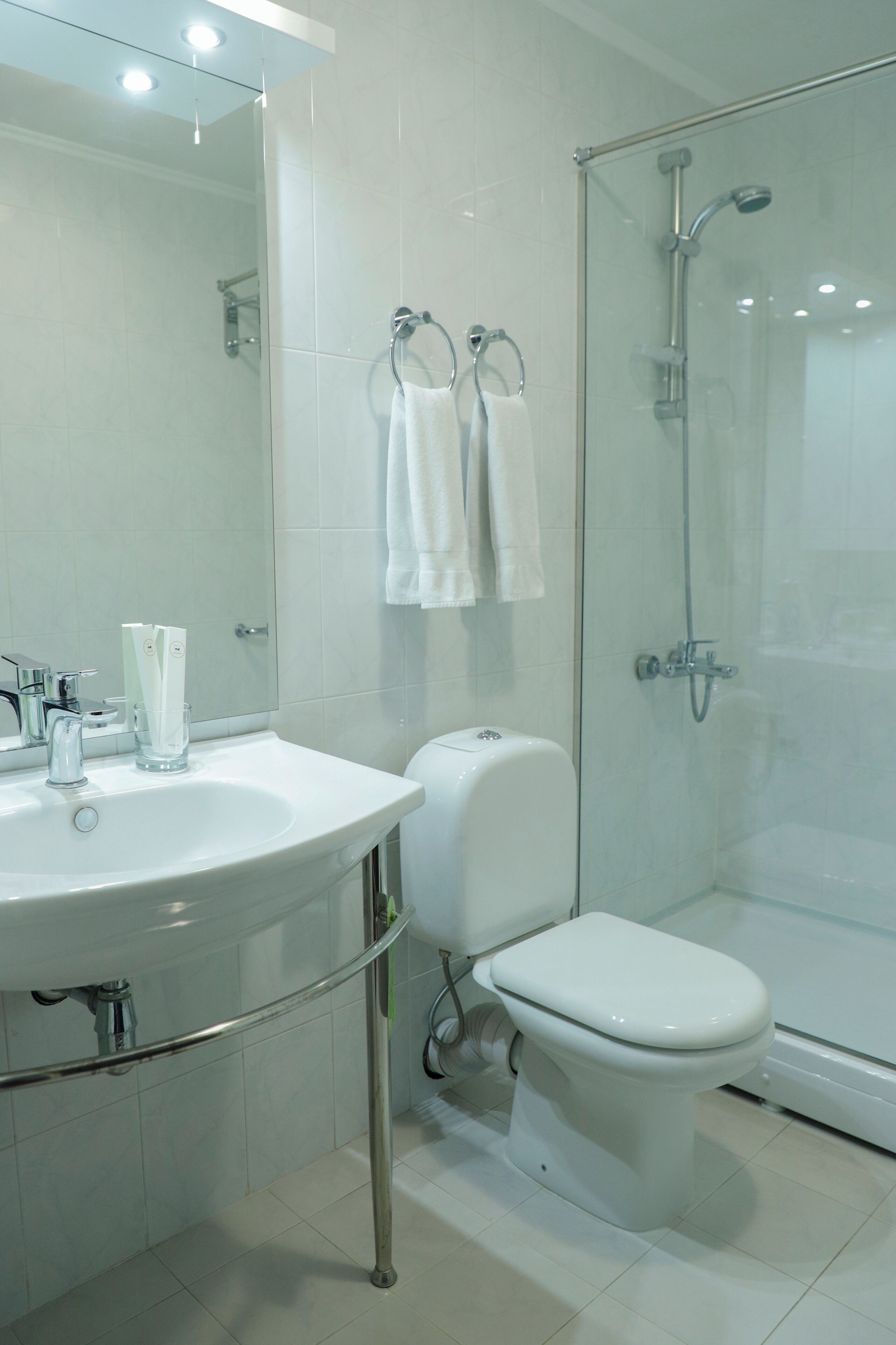 Un baño moderno con ducha de vidrio, lavamanos blanco con espejo y un inodoro.
