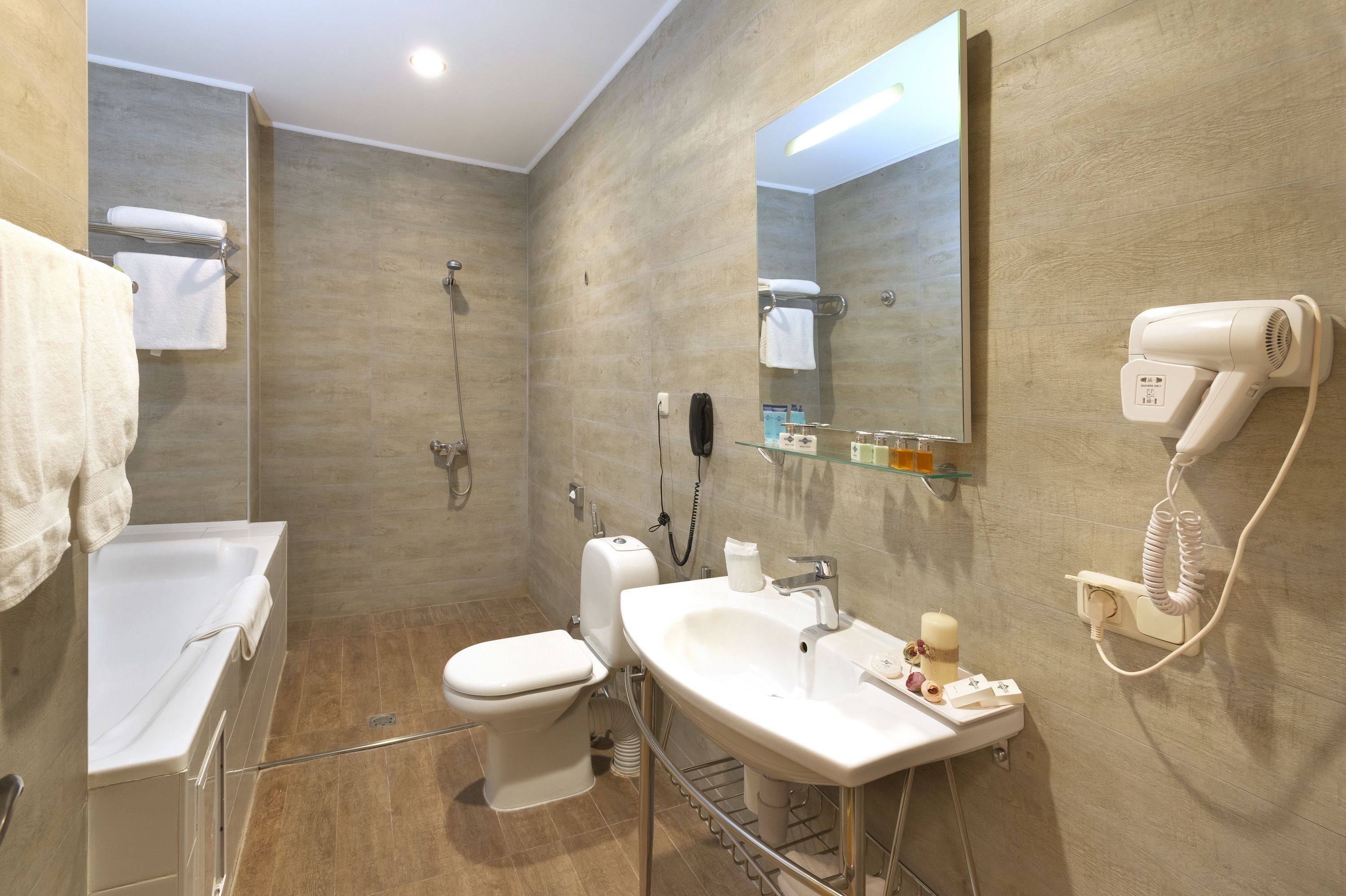 free toiletries, hair dryer, slippers, towels