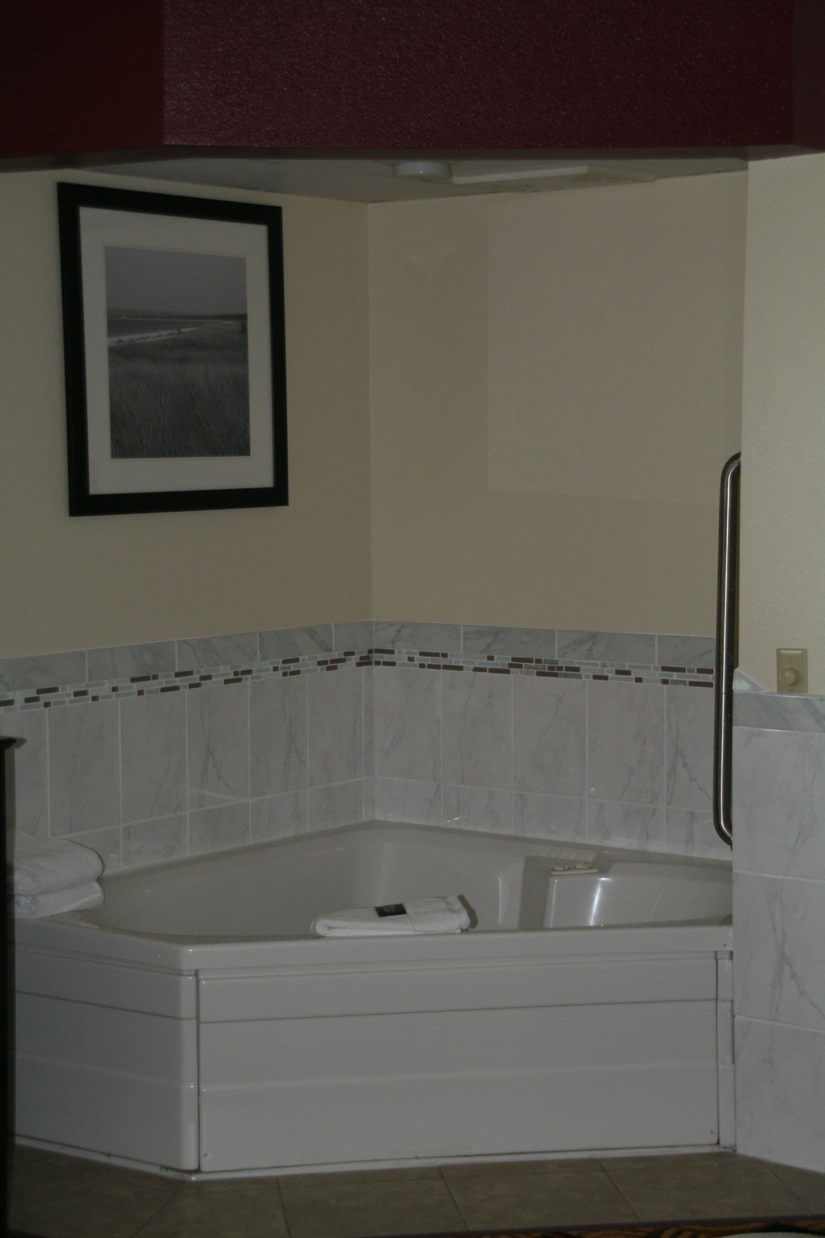 A bathroom with a white bathtub, a framed picture on the wall, and a tiled shower area.