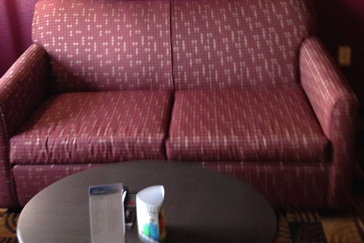 A room with a red patterned sofa, a framed picture on the wall, and a small table with a magazine and a can.