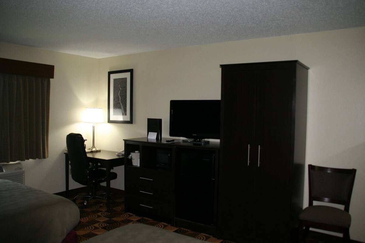 A hotel room with a bed, desk, chair, television, wardrobe, and a framed picture on the wall.