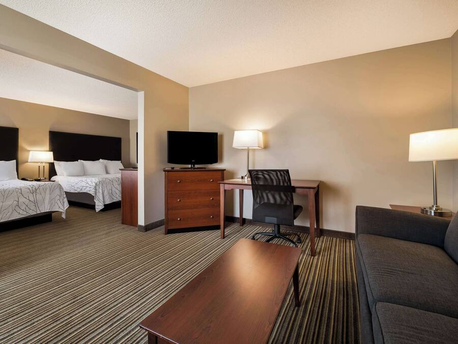 A hotel room with two beds, a desk, a television, a chair, a sofa, and a lamp.