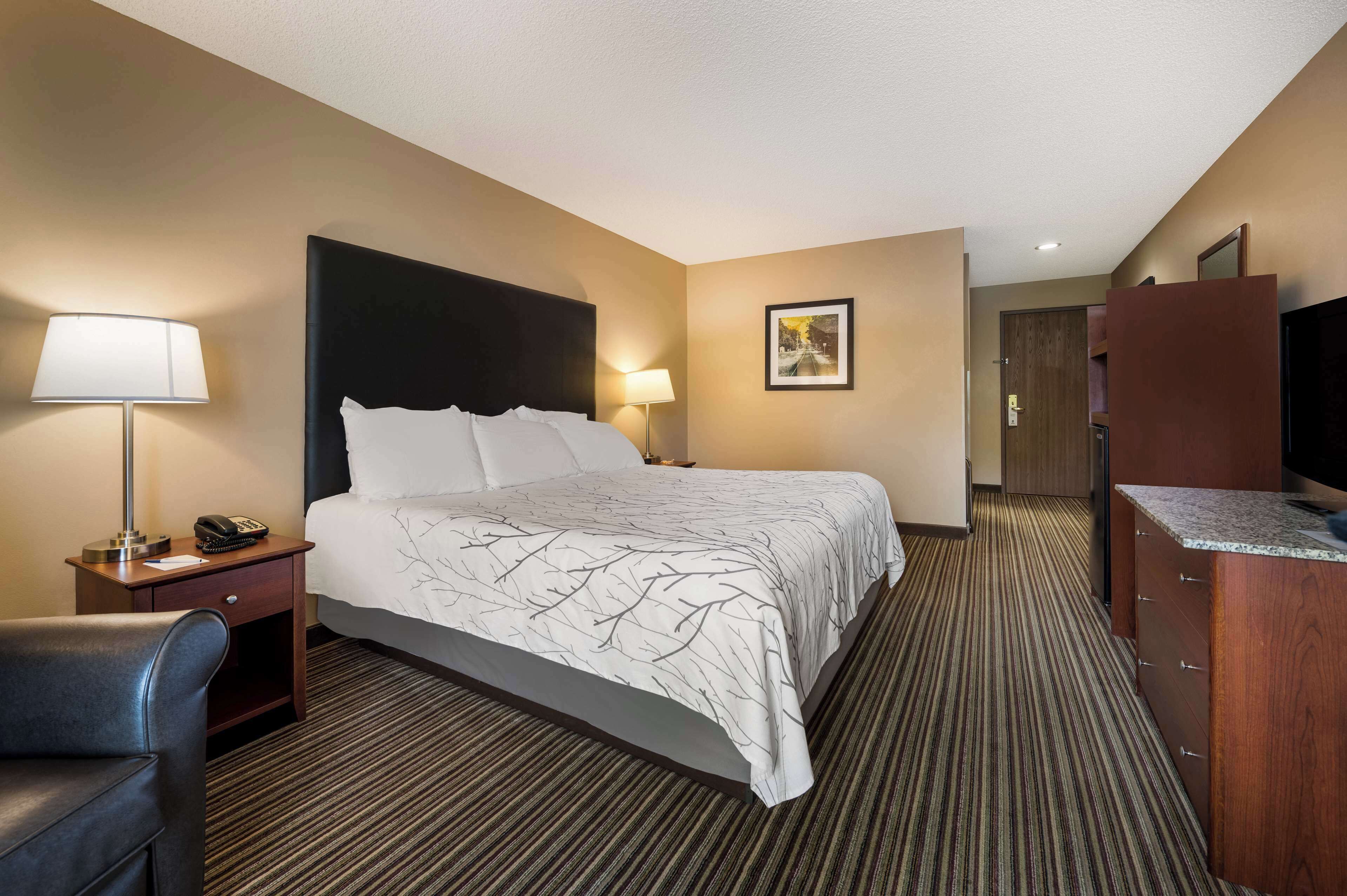A hotel room with a large bed, a desk with a lamp, a chair, a television, and a door leading to another room.