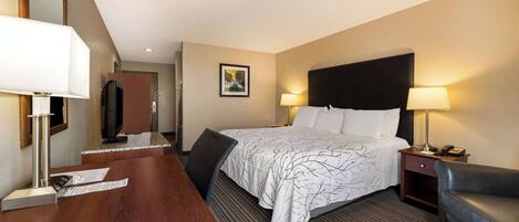 Habitación de hotel con una cama grande, dos lámparas de noche, un escritorio con una silla, un espejo y un cuadro en la pared.