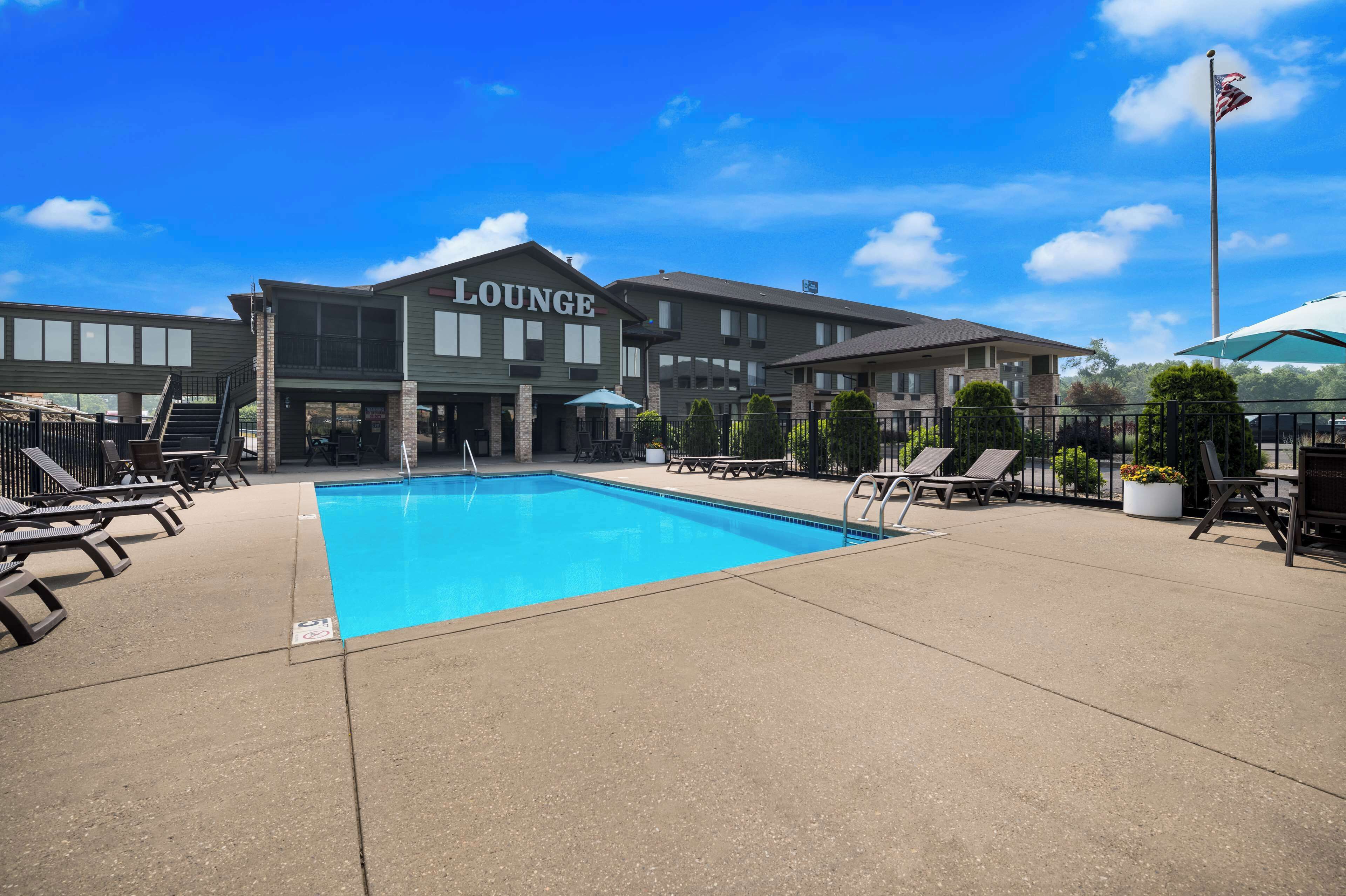 indoor pool, seasonal outdoor pool, pool loungers