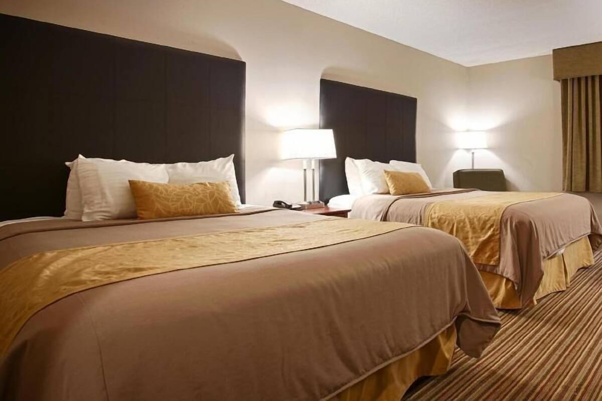 A hotel room with two beds, each with a headboard, bedside tables, lamps, and a carpeted floor.