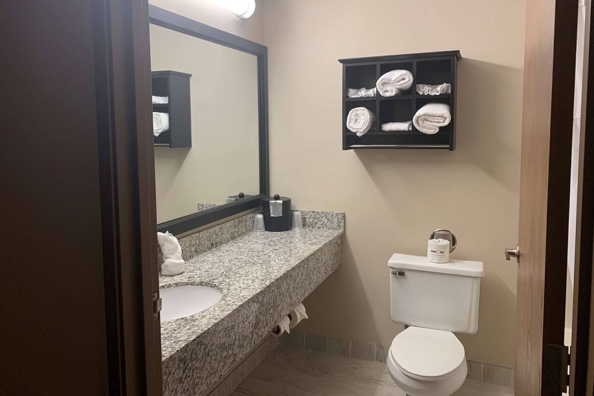 A bathroom with a granite countertop, a white toilet, a towel rack with towels, and a mirror.