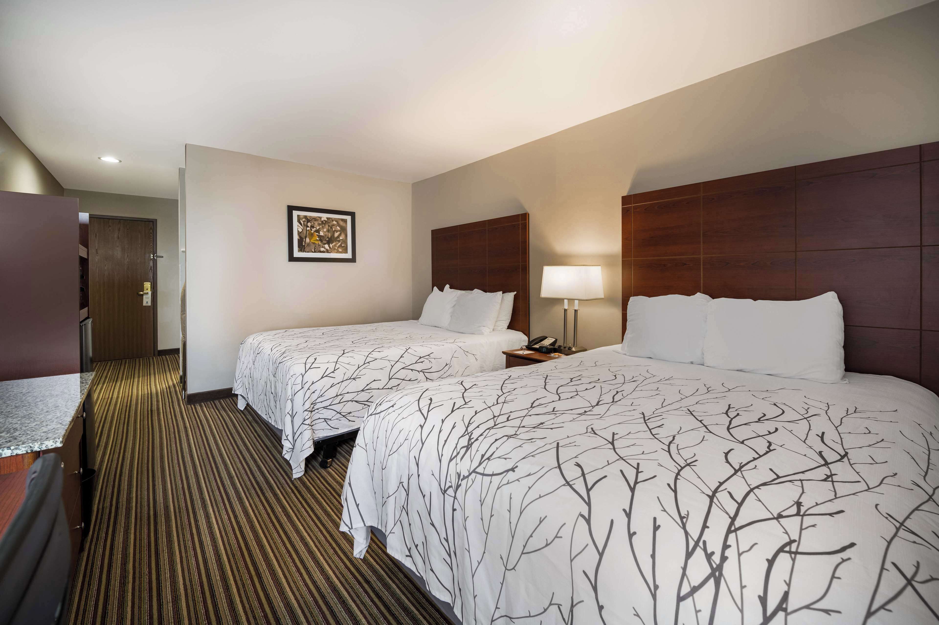 A hotel room with two beds, a desk, a chair, a lamp, and a framed picture on the wall.