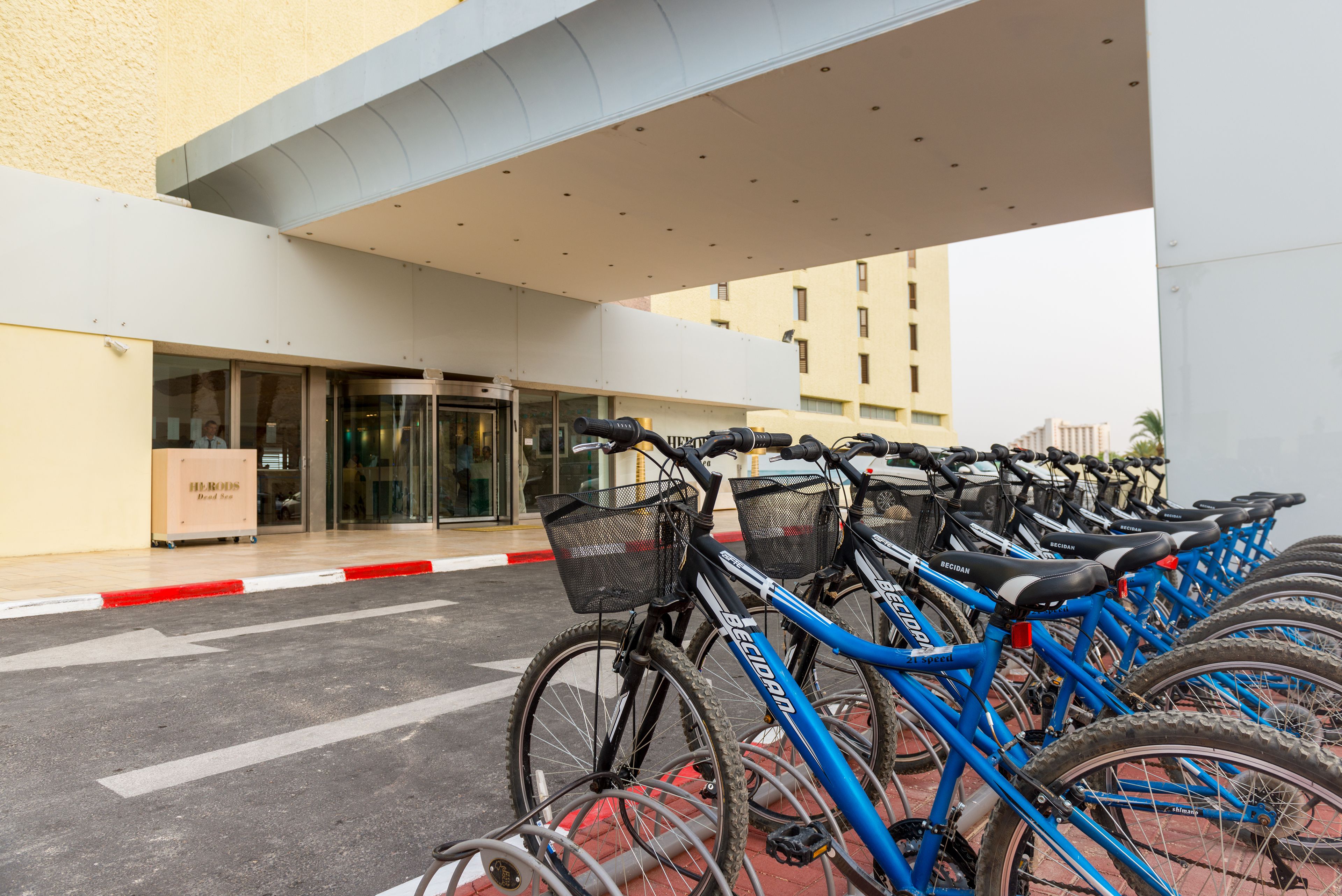 A row of bicycles parked outside a building with a glass entrance and a red curb.