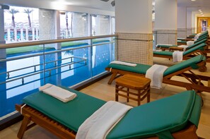 Outdoor pool, pool umbrellas, pool loungers