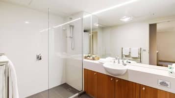 Shower, free toiletries, hair dryer, towels