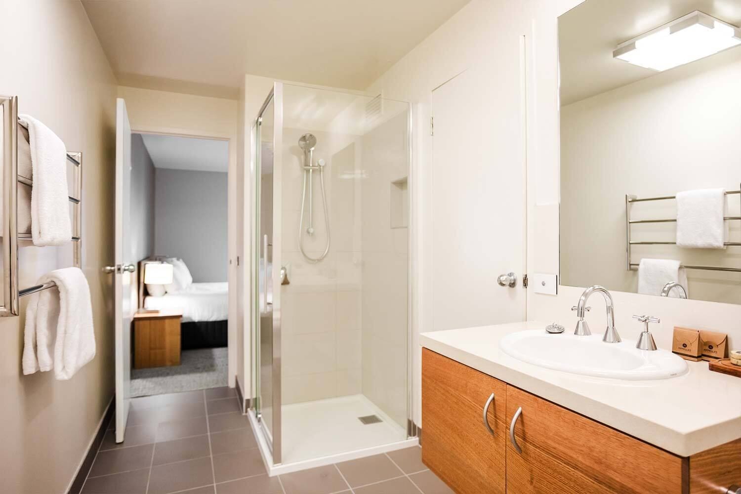 Shower, free toiletries, hair dryer, towels