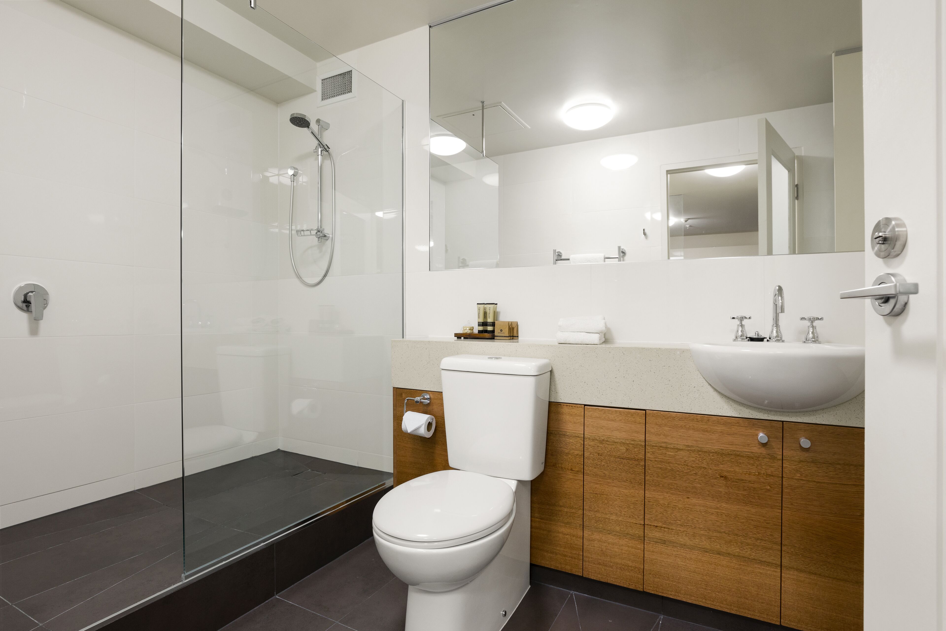 A modern bathroom with a glass-enclosed shower, a white toilet, and wooden cabinetry.