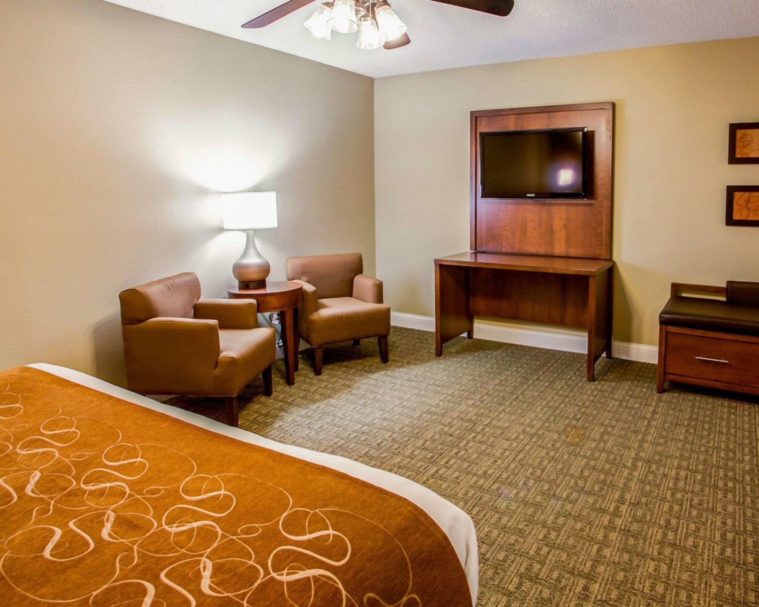 A hotel room with a bed, two armchairs, a small table with a lamp, a TV on a wooden stand, and a dresser.