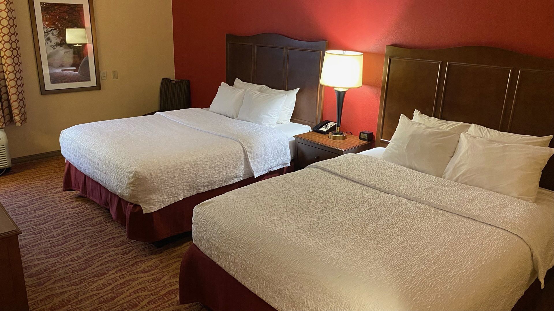 Hypo-allergenic bedding, desk, laptop workspace, blackout curtains