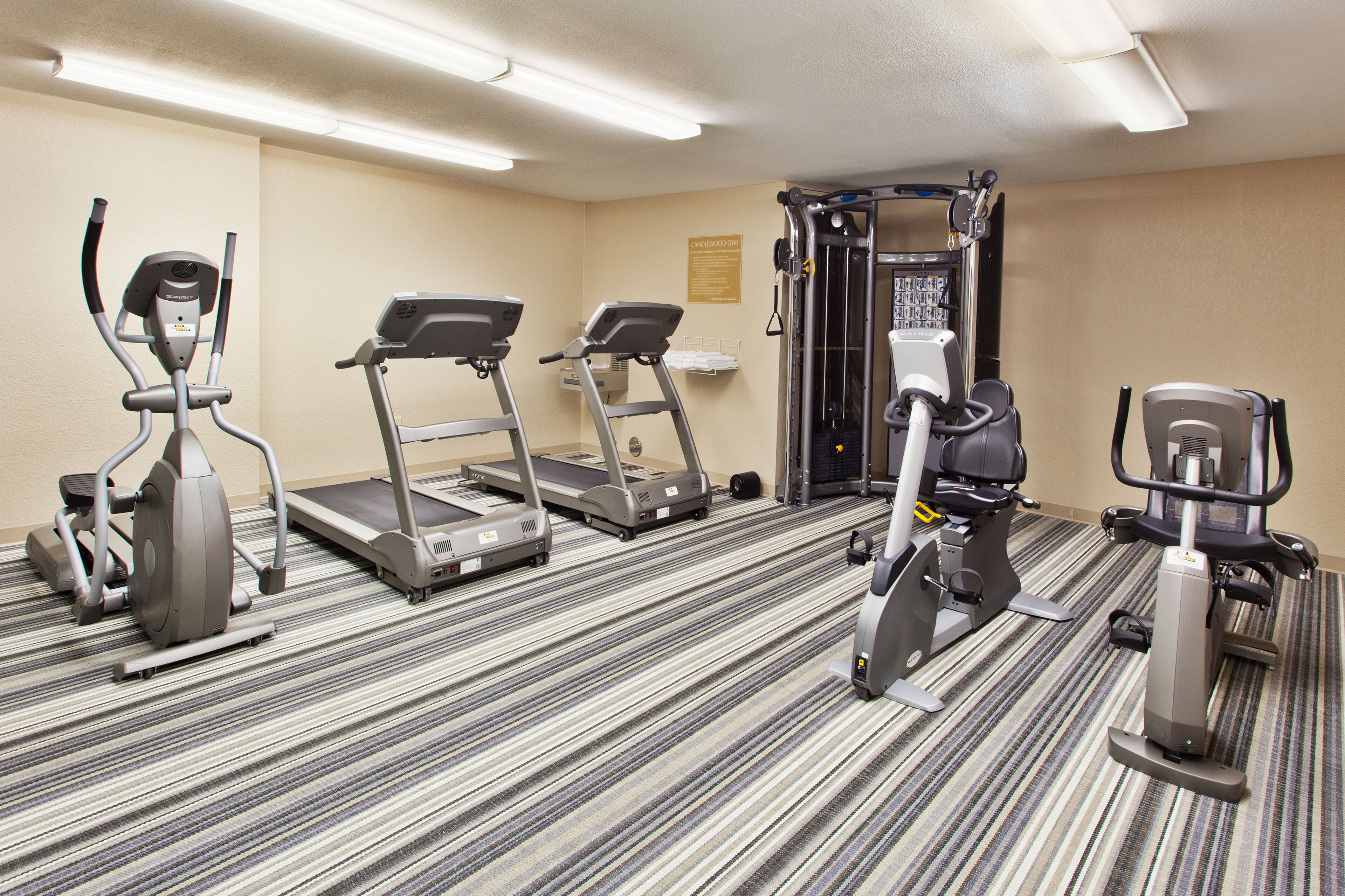 A fitness room with treadmills, an elliptical, and a weight machine.