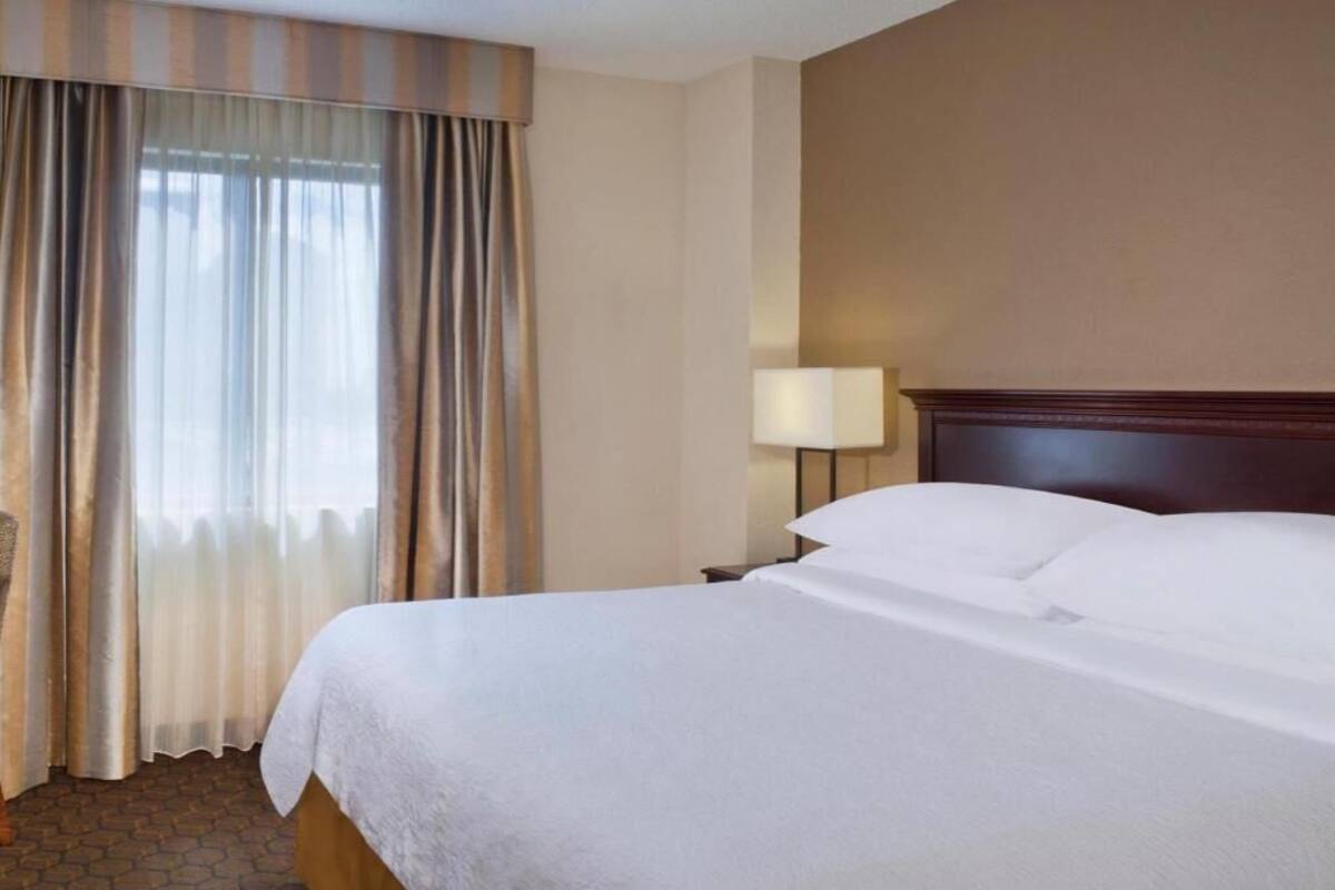 Une chambre d’hôtel avec un grand lit, une table de chevet, une lampe et une fenêtre avec des rideaux.