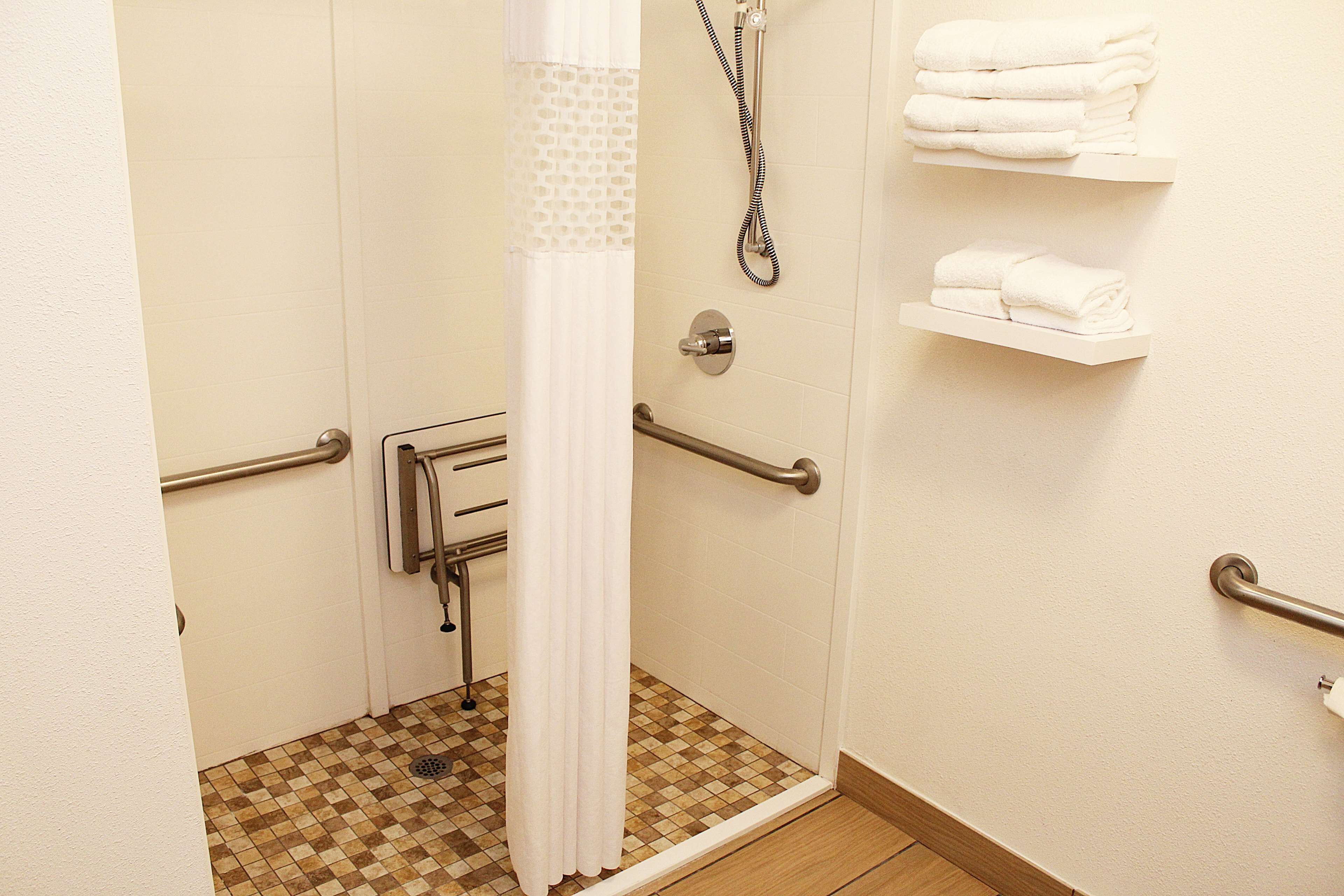 combined shower/bathtub, free toiletries, hair dryer, towels