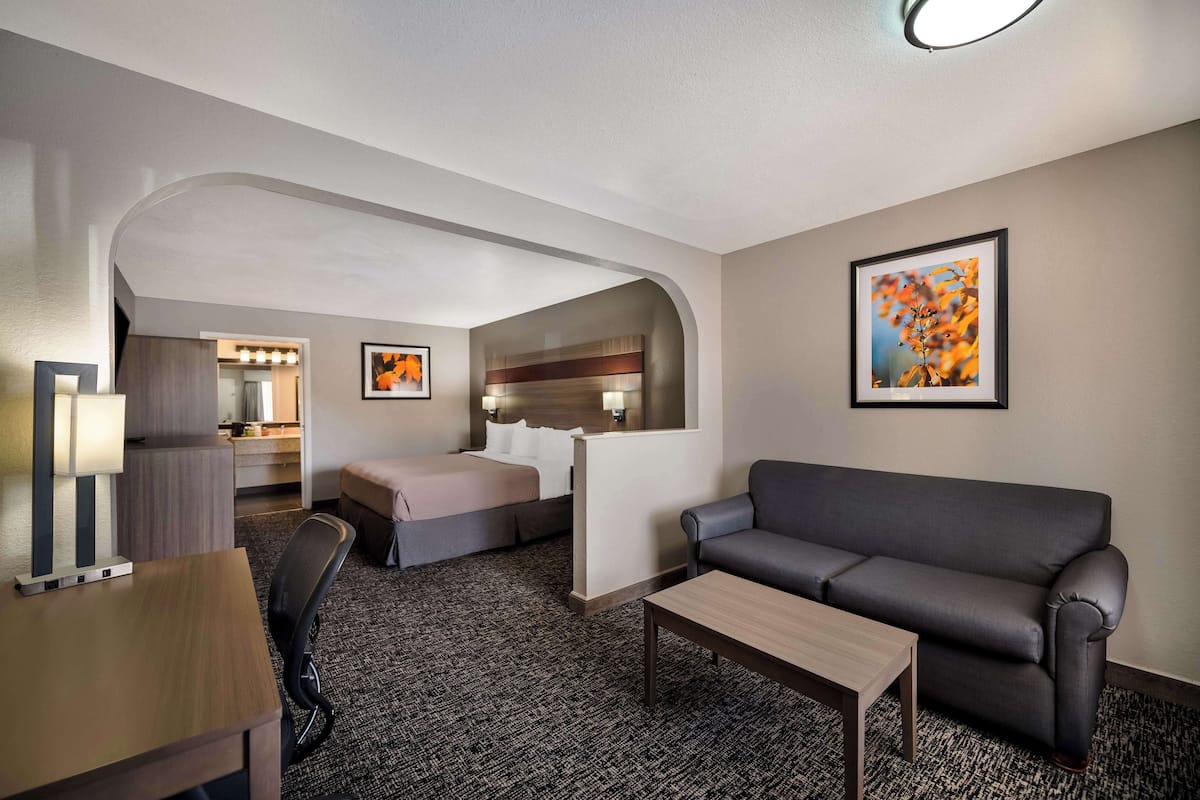 Ein Hotelzimmer mit einer Sitzecke, einem Schreibtisch, einem Stuhl, einem Bett und einem durch einen Bogen sichtbaren Badezimmer.