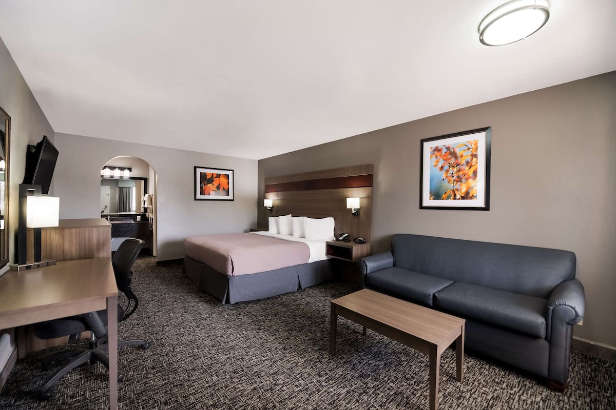 Ein Hotelzimmer mit einem Bett, einem Sofa, einem Schreibtisch und einem Stuhl. An den Wänden hängen zwei gerahmte Bilder und auf dem Schreibtisch steht eine Lampe.