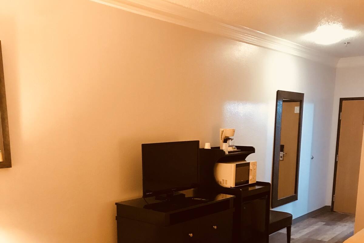 Una habitación de hotel con cama, escritorio, cómoda, televisor y espejo.