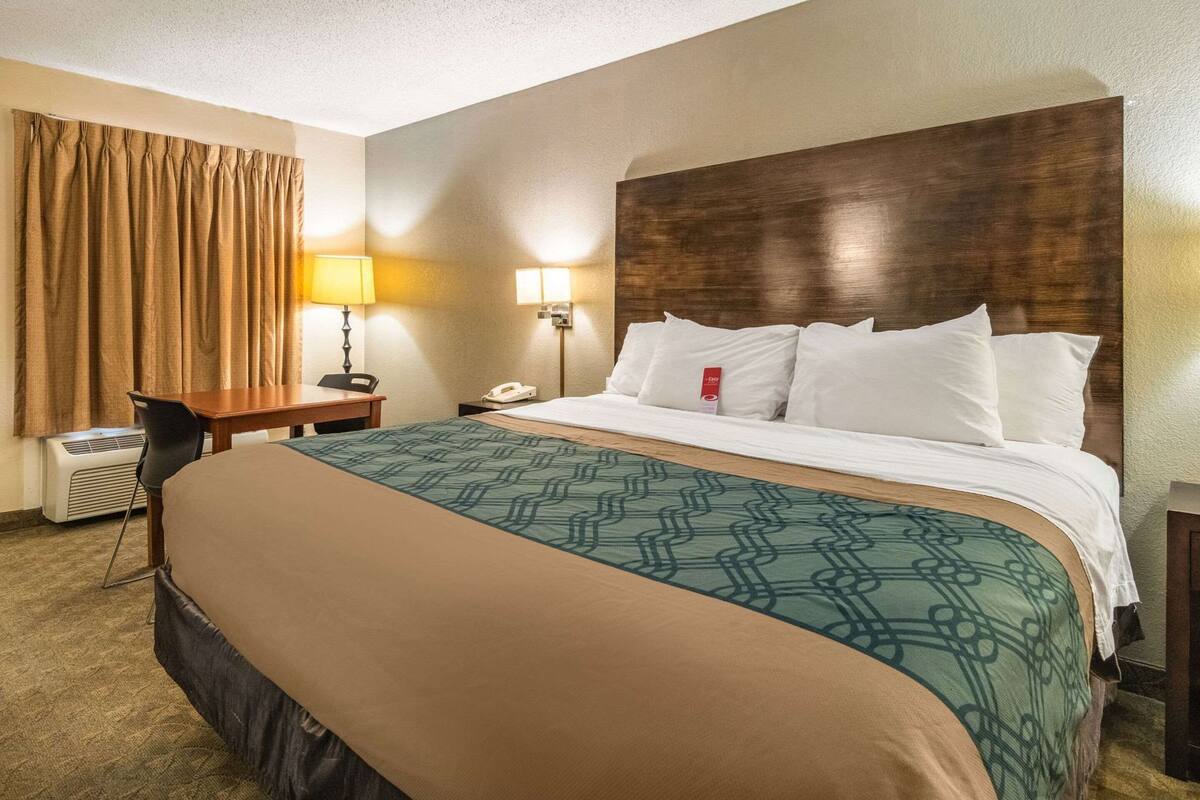 A hotel room with a bed, a desk, a chair, a lamp, and a telephone.