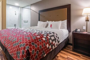Habitación de hotel con cama, mesita de noche con lámpara, zona de ducha y teléfono instalado en la pared.