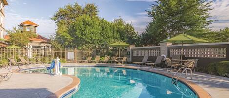 A swimming pool with lounge chairs and umbrellas, surrounded by trees and a fence.