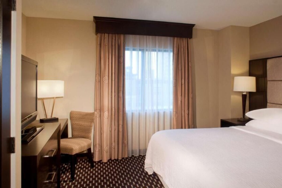 A hotel room with a bed, a desk with a chair, a television, and a lamp.