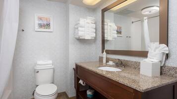 A bathroom with a toilet, sink, and mirror. There are towels and a picture on the wall.