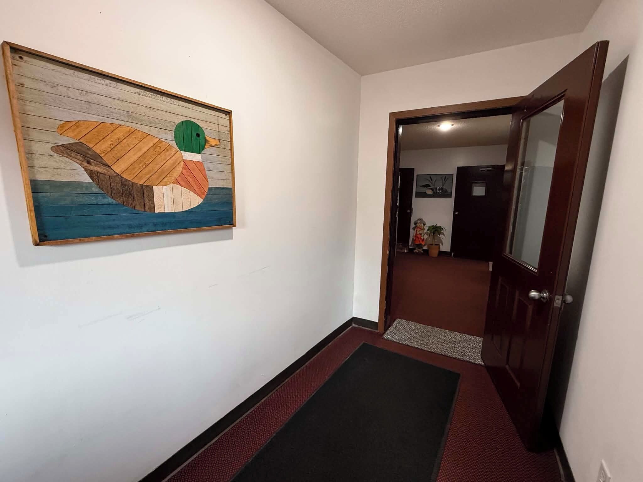 A hallway with a wooden duck painting, a dark mat at the entrance, and a door leading to a room with a plant and a small statue.